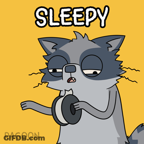 A Cartoon Of A Raccoon Holding A Piece Of Paper And The Word Sleepy Above It GIF