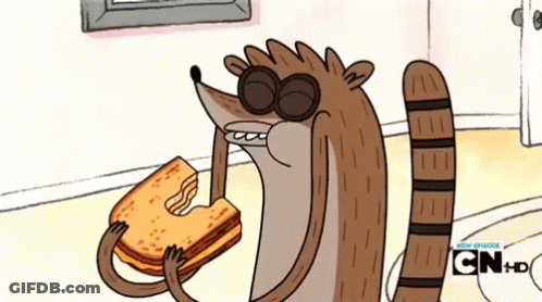 A Cartoon Of A Raccoon Holding A Sandwich With The Cn Logo On The Bottom GIF