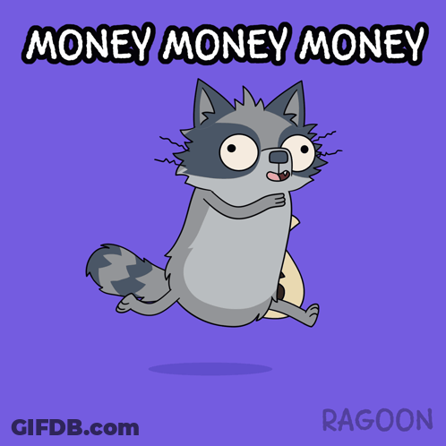 A Cartoon Of A Raccoon Running With A Bag Of Money And The Words Money Money Money Below It GIF