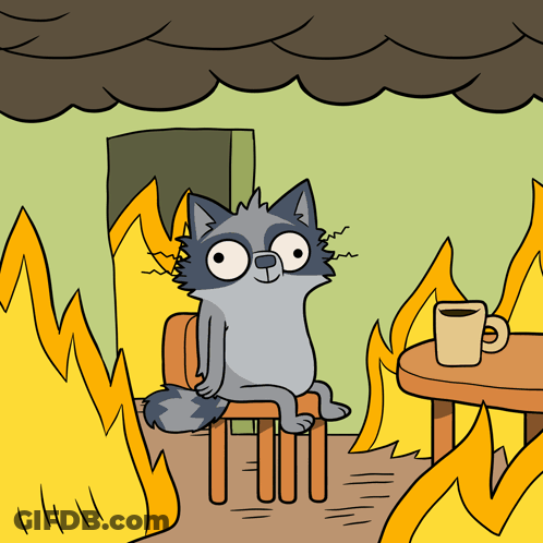 A Cartoon Of A Raccoon Sitting In Front Of A Table With A Cup Of Coffee GIF