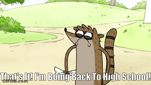 A Cartoon Of A Raccoon That Says That 'S It I 'M Boing Back To High School GIF