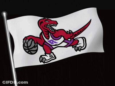 A Cartoon Of A Raptor Holding A Basketball On A Flag GIF