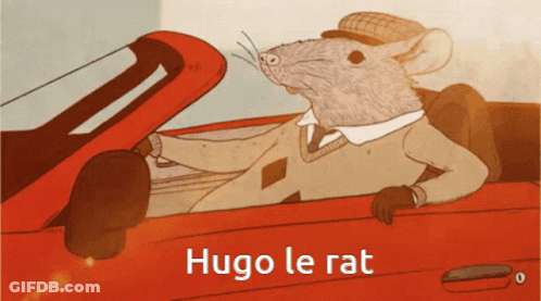 A Cartoon Of A Rat Driving A Red Car With The Words Hugo Le Rat Below Him GIF