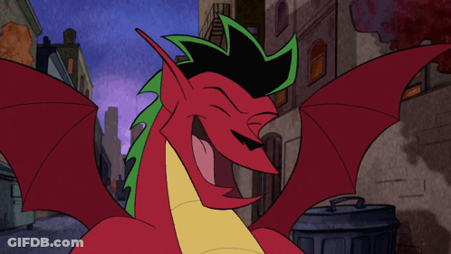 A Cartoon Of A Red And Yellow Dragon Sleeping In A Dumpster GIF