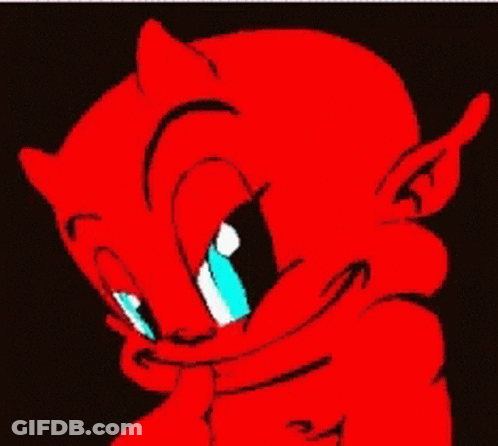 A Cartoon Of A Red Devil With Blue Eyes And Horns GIF