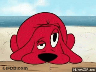 A Cartoon Of A Red Dog Laying On A Beach Looking At The Ocean GIF