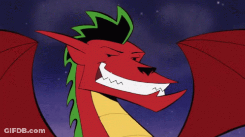 A Cartoon Of A Red Dragon With Green Hair And Yellow Arms GIF