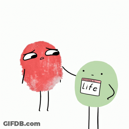 A Cartoon Of A Red Fingerprint And A Green Circle With A Name Tag That Says Life GIF