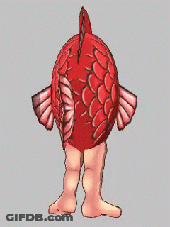 A Cartoon Of A Red Fish With Feet GIF