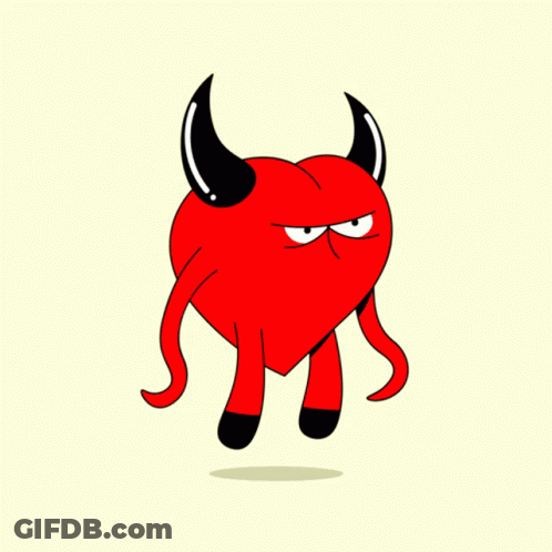 A Cartoon Of A Red Heart With Horns And Arms GIF