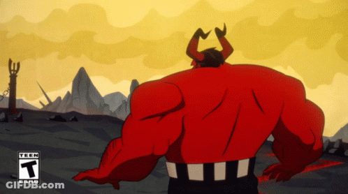 A Cartoon Of A Red Monster With Horns And A T On The Bottom Right GIF