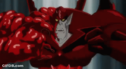 A Cartoon Of A Red Monster With Horns And Muscles . GIF