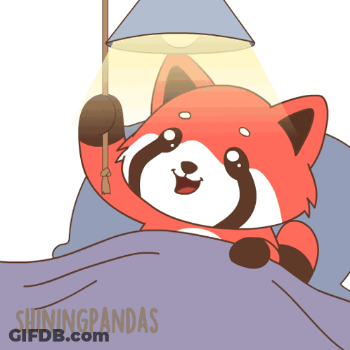 A Cartoon Of A Red Panda Laying In Bed With A Lamp Shining On It GIF