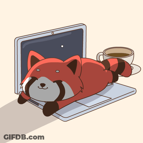A Cartoon Of A Red Panda Laying On Top Of A Laptop Next To A Cup Of Coffee GIF