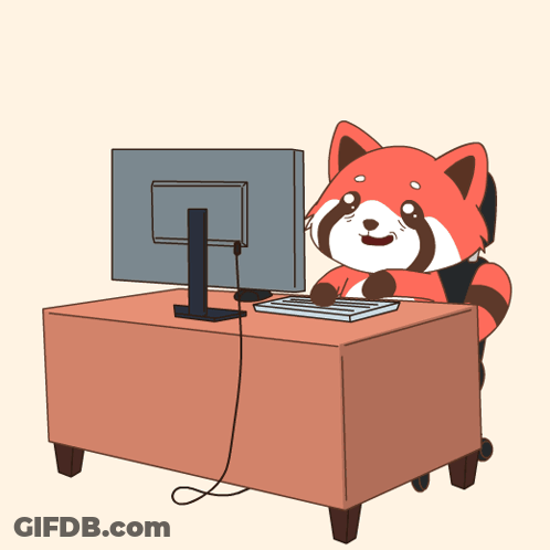 A Cartoon Of A Red Panda Sitting At A Desk With A Computer And The Words Work Work Work Above It GIF
