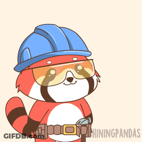 A Cartoon Of A Red Panda Wearing A Blue Hard Hat GIF