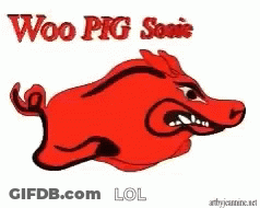 A Cartoon Of A Red Pig With The Words Woo Pig Sonic Lol On The Bottom GIF