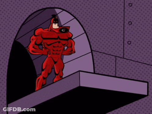 A Cartoon Of A Red Superhero Standing On A Balcony With The Word Wrong Below Him GIF