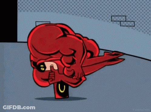 A Cartoon Of A Red Superhero With A Black Mask And A Yellow Letter U On His Pants GIF