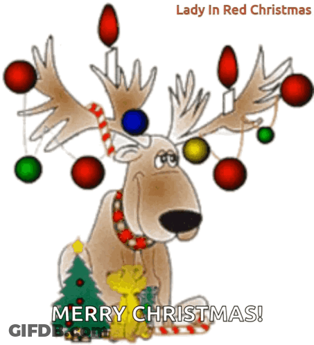 A Cartoon Of A Reindeer Decorated For Christmas With The Words Merry Christmas GIF