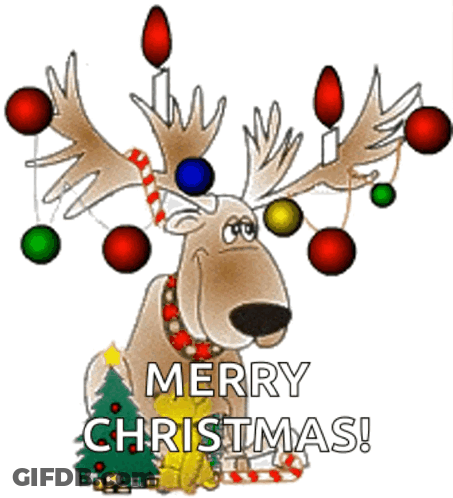 A Cartoon Of A Reindeer With Christmas Decorations On Its Antlers Says Merry Christmas . GIF