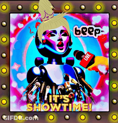 A Cartoon Of A Robot Being Interviewed By A Reporter With The Words It 'S Showtime On The Bottom GIF