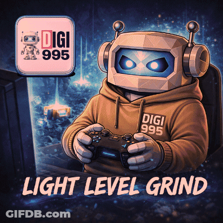 A Cartoon Of A Robot Holding A Video Game Controller With The Words Light Level Grind Below Him GIF