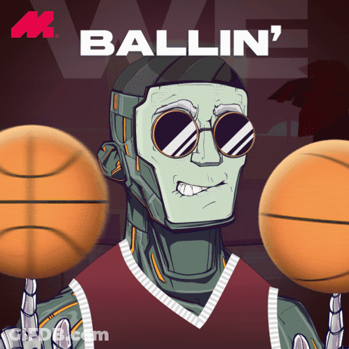 A Cartoon Of A Robot Holding Two Basketballs With The Words Ballin ' Written Above Him GIF