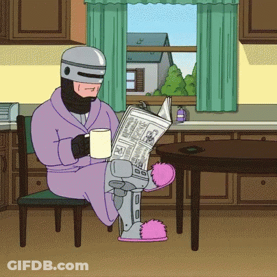 A Cartoon Of A Robot Reading A Newspaper In A Kitchen GIF