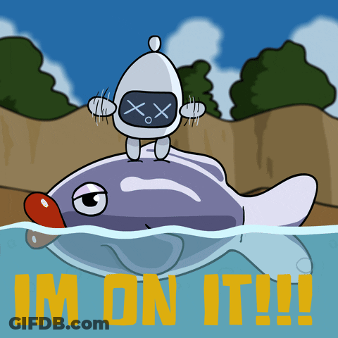 A Cartoon Of A Robot Riding On The Back Of A Fish With The Words Im On It Written Below It GIF