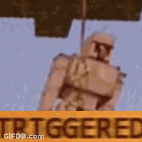 A Cartoon Of A Robot Standing Next To A Sign That Says `` Triggered '' . GIF