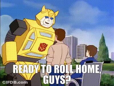 A Cartoon Of A Robot Talking To Two Men With The Caption Ready To Roll Home Guys GIF