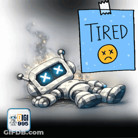 A Cartoon Of A Robot With A Sign That Says Tired On It GIF