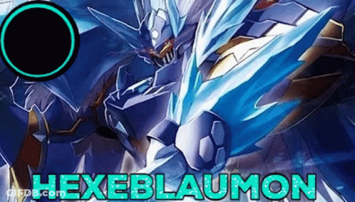 A Cartoon Of A Robot With A Sword And The Words `` Hexeblaumon '' Written Above It . GIF