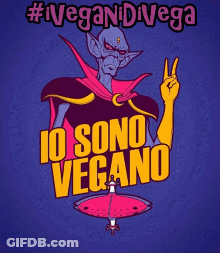 A Cartoon Of A Robot With Horns And The Words #Veganidivega Above It GIF