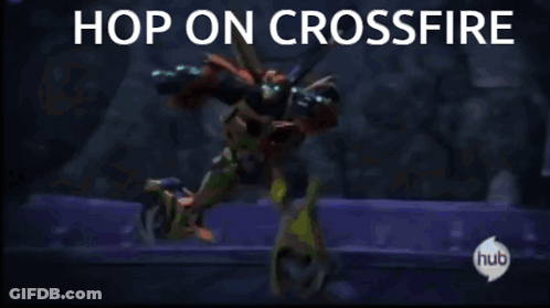 A Cartoon Of A Robot With The Words Hop On Crossfire Written Above It GIF