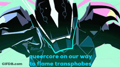 A Cartoon Of A Robot With The Words " Queercore On Our Way To Flame Transphobes " GIF