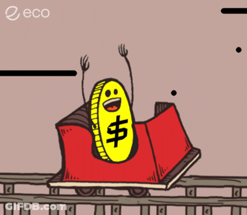 A Cartoon Of A Roller Coaster With A Dollar Coin On It GIF