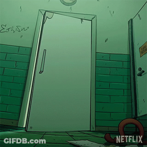 A Cartoon Of A Room With A Door And A Sign That Says Netflix On The Bottom GIF