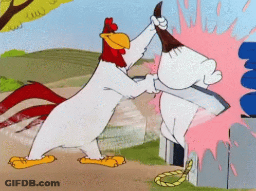 A Cartoon Of A Rooster And A Rabbit Fighting With A Knife GIF