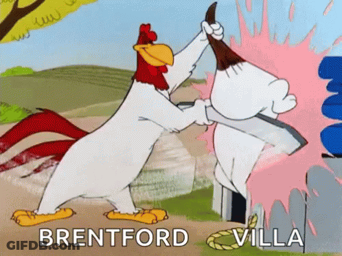 A Cartoon Of A Rooster Holding A Brush With The Words Brentford Villa On The Bottom GIF