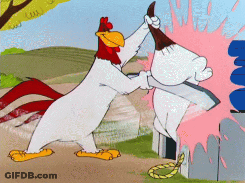 A Cartoon Of A Rooster Holding A Knife To Another Rooster 'S Head GIF