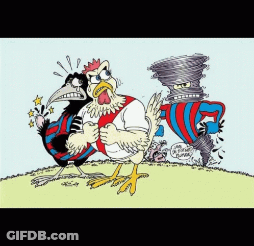 A Cartoon Of A Rooster Standing Next To A Tornado That Says " Me De Pisteur Mondial " On It GIF