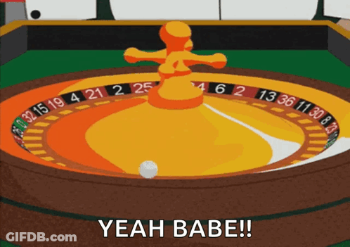A Cartoon Of A Roulette Wheel With The Words Yeah Babe Written Below It GIF