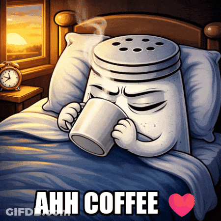 A Cartoon Of A Salt Shaker Drinking A Cup Of Coffee In Bed GIF