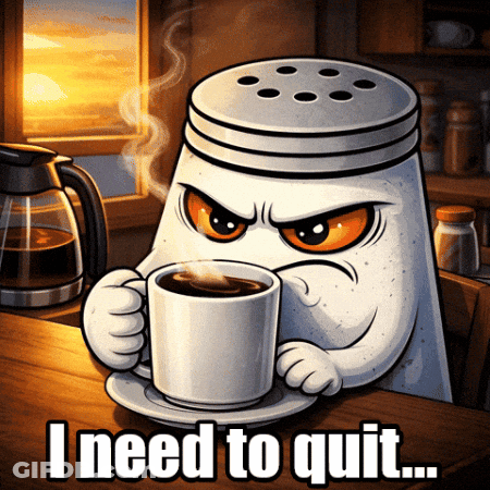A Cartoon Of A Salt Shaker Holding A Cup Of Coffee GIF