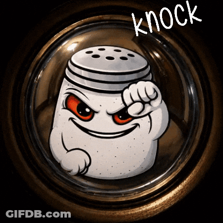 A Cartoon Of A Salt Shaker With The Word Knock Behind It GIF