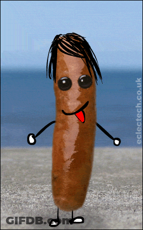 A Cartoon Of A Sausage With Arms And Legs And A Tongue Sticking Out GIF