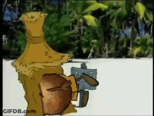 A Cartoon Of A Scarecrow Holding A Sign That Says Nest GIF