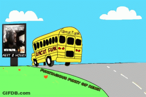 A Cartoon Of A School Bus That Says Uncut Funk On It GIF